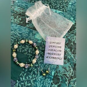 Bracelet and Earrings Genuine Sodalite, Faux Pearl, and Crystals